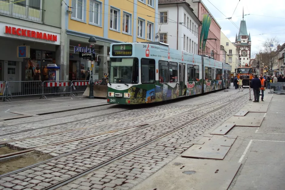 Freiburg im Breisgau tram line 2 with articulated tram 241 close by Holzmarkt (2008)