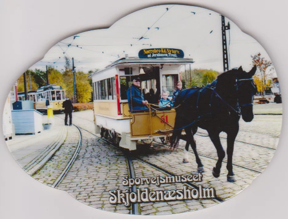 Fridge magnet: Skjoldenæsholm standard gauge with horse-drawn tram 51 "Hønen" on The Tram Museum (2021)