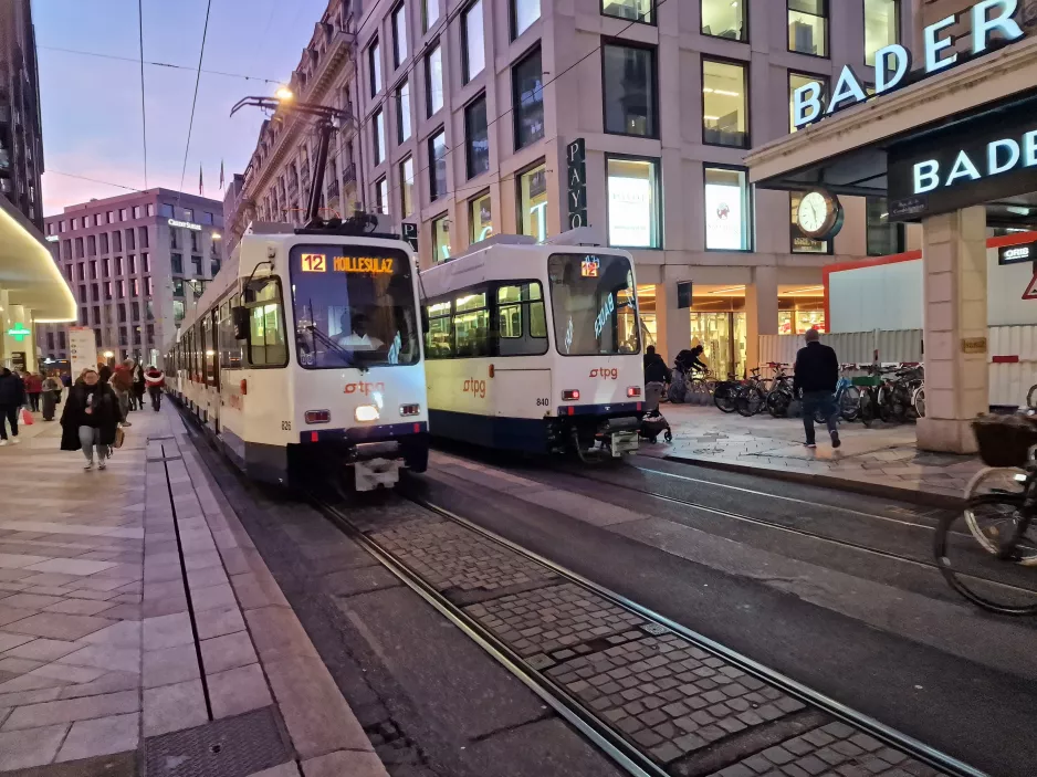 Geneva tram line 12 with articulated tram 826 at Bel-Air (2024)