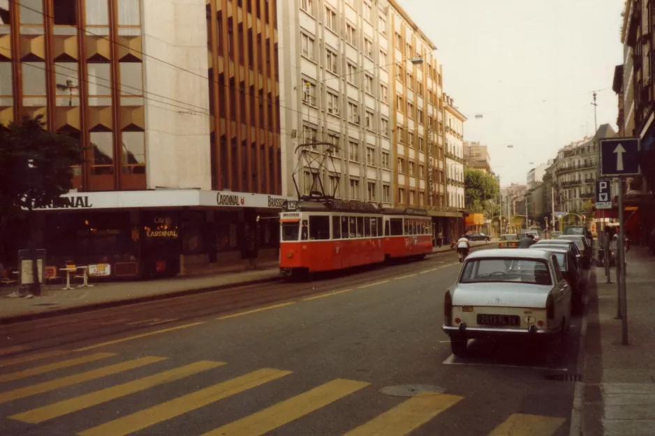 Geneva tram line 12 with railcar 701 on Rue du Stand (1982)