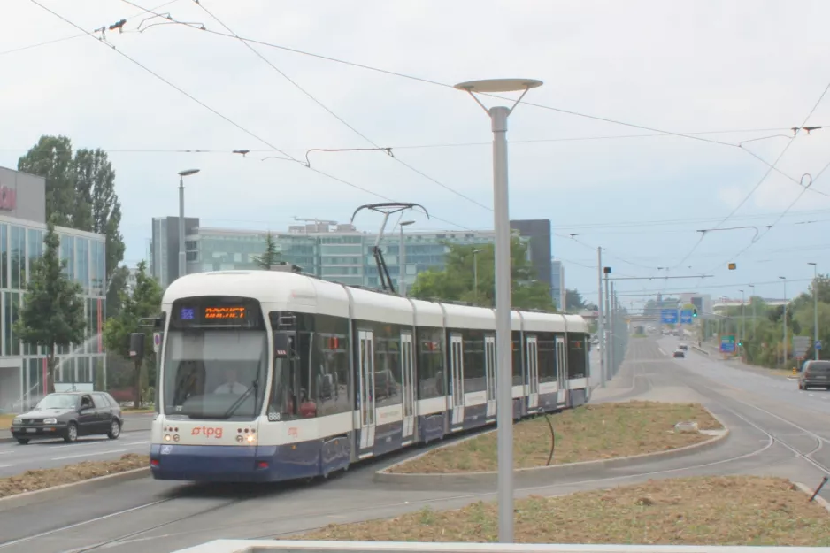 Geneva tram line 14 with low-floor articulated tram 888 at Avanchet (2010)