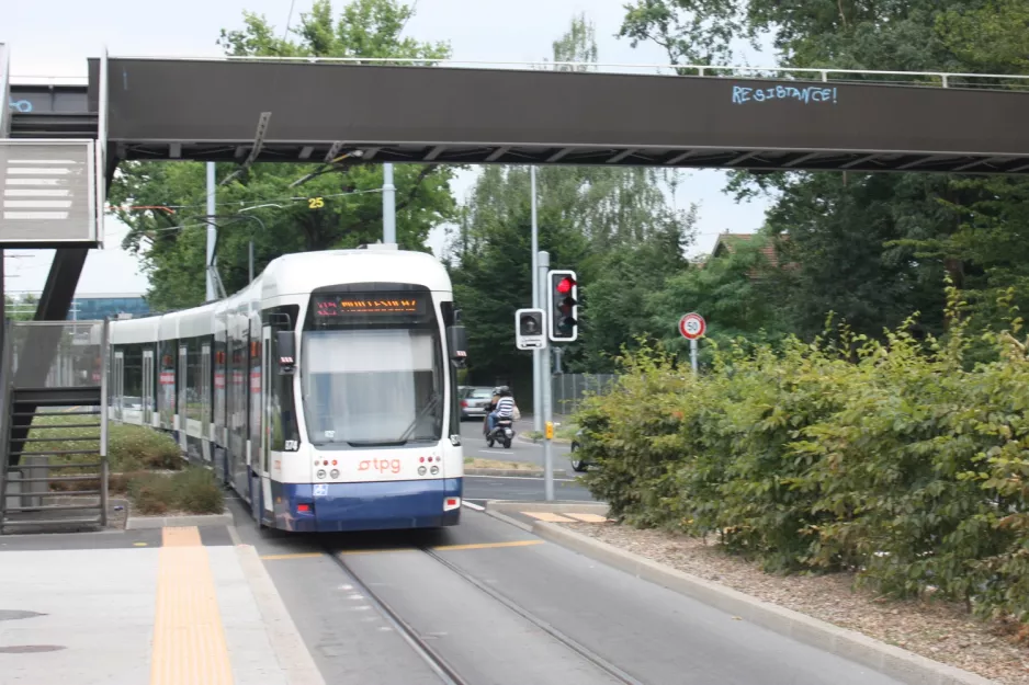 Geneva tram line 16 with low-floor articulated tram 874 at Meyrin-Gravière (2010)