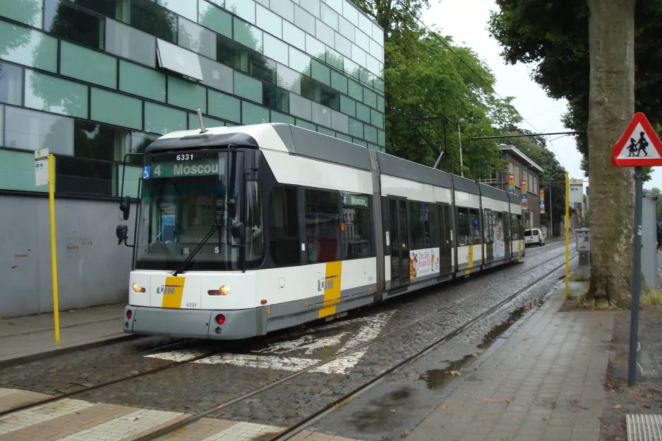 Ghent tram line T4 with low-floor articulated tram 6331 at Theresianenstraat (2014)