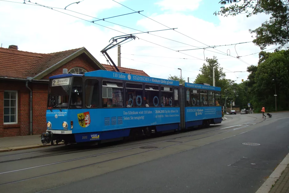 Görlitz tram line 2 with articulated tram 301 at Bf Südausgang (2015)