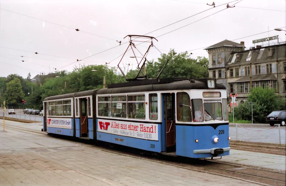 Gotha tram line 1 with articulated tram 209 near Hauptbahnhof (1992)
