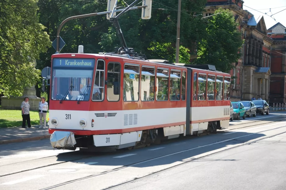Gotha tram line 1 with articulated tram 311 on Friedrichstraße (2012)