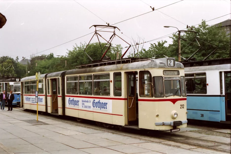 Gotha tram line 2 with articulated tram 212 at Hauptbahnhof (1992)