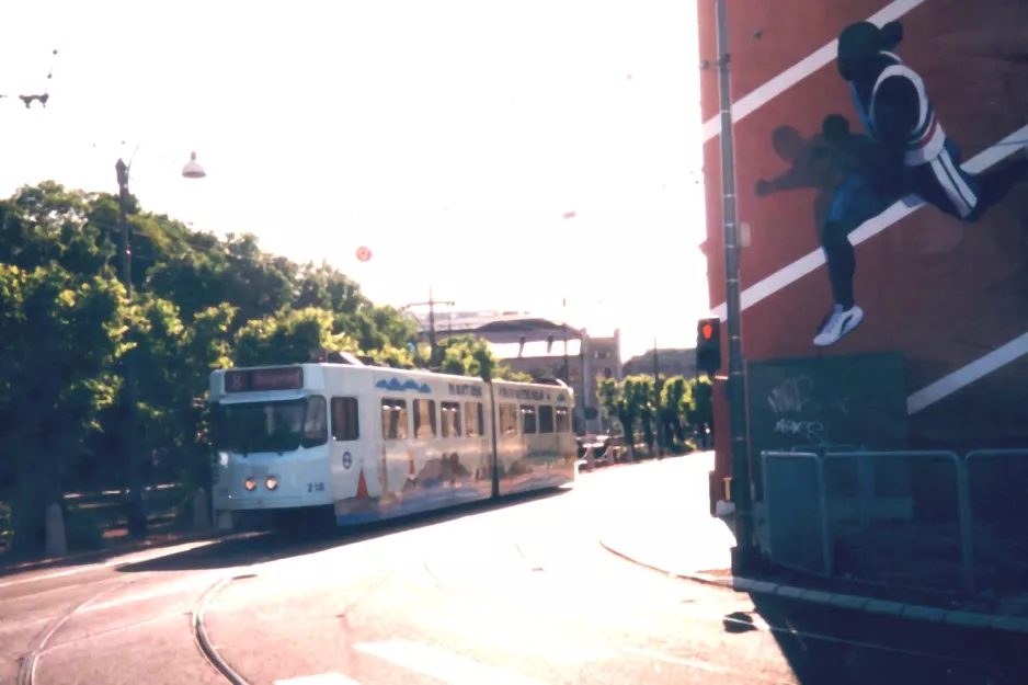 Gothenburg tram line 8 with articulated tram 218 on Stampgaten (1995)