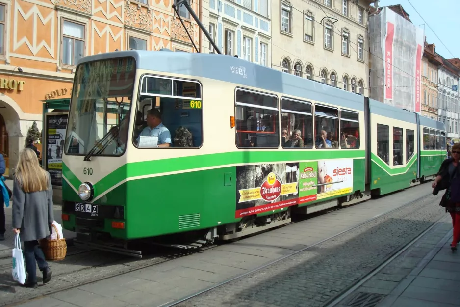 Graz extra line 3 with articulated tram 610 at Hauptplatz/Congress (2012)