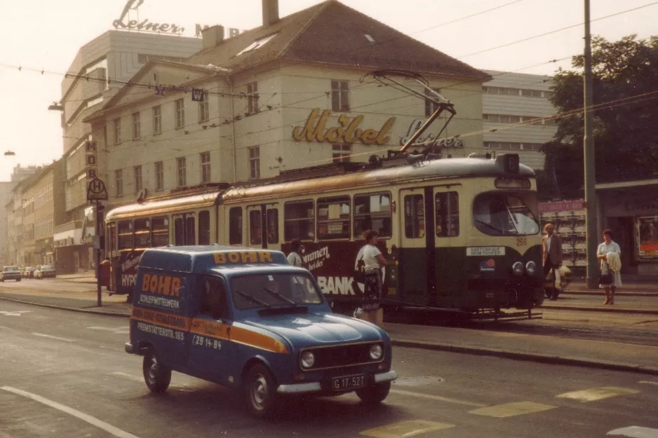 Graz tram line 6 with articulated tram 268 at Eggenbergen Gürtel (1982)