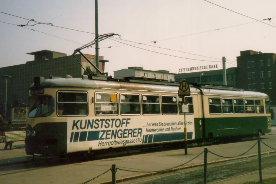 Graz tram line 6 with articulated tram 277 at Hauptbahnhof (Europaplatz) (1986)