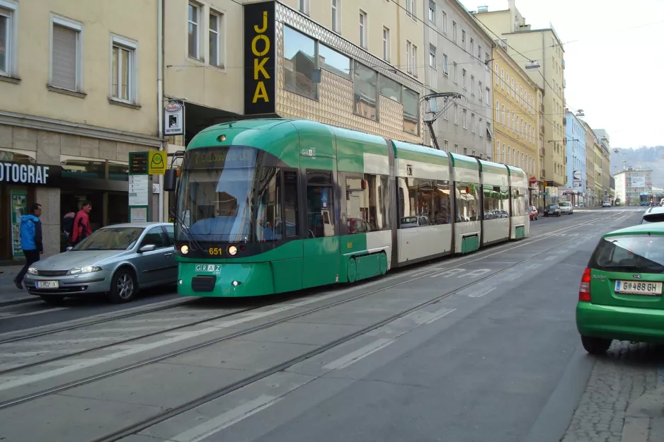 Graz tram line 7 with low-floor articulated tram 651 at Esperantoplatz (2012)