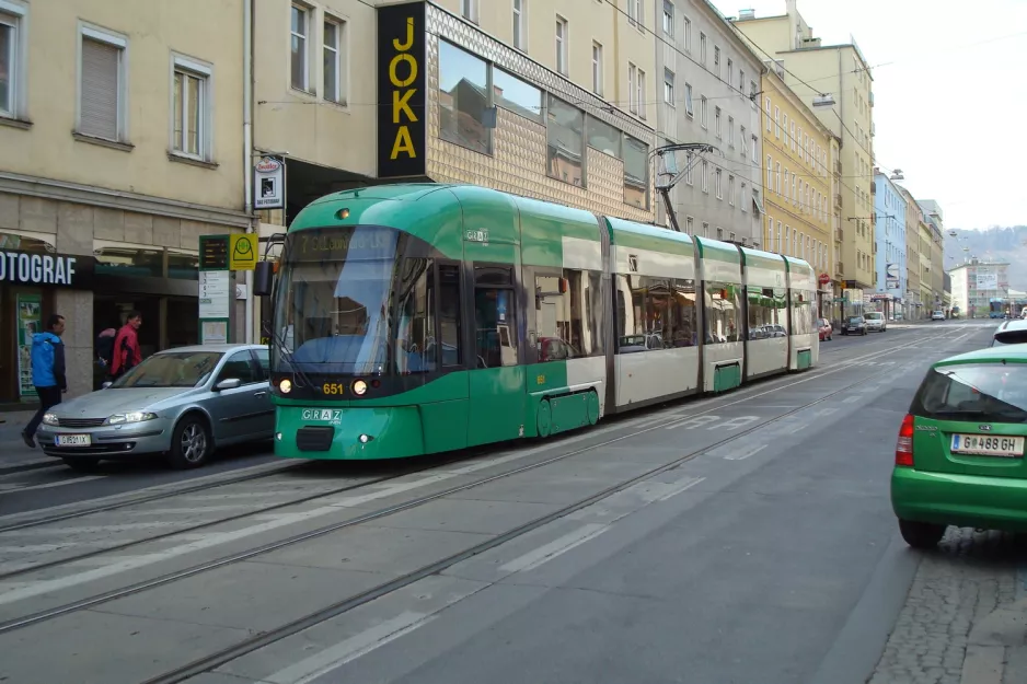 Graz tram line 7 with low-floor articulated tram 651 at Esperantoplatz/Arbeiterkammer (2012)