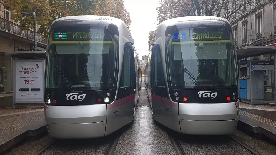 Grenoble tram line B with low-floor articulated tram 6031 at Alsace-Lorraine (2018)