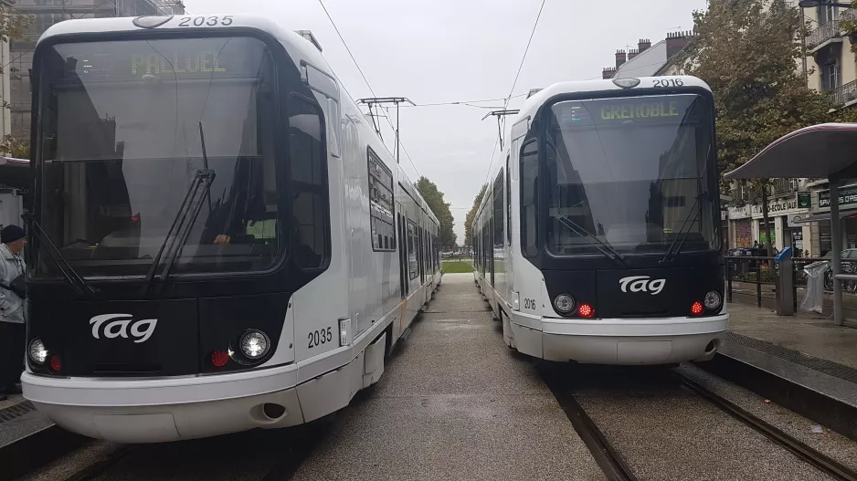 Grenoble tram line E with low-floor articulated tram 2035 at Alsace-Lorraine (2018)