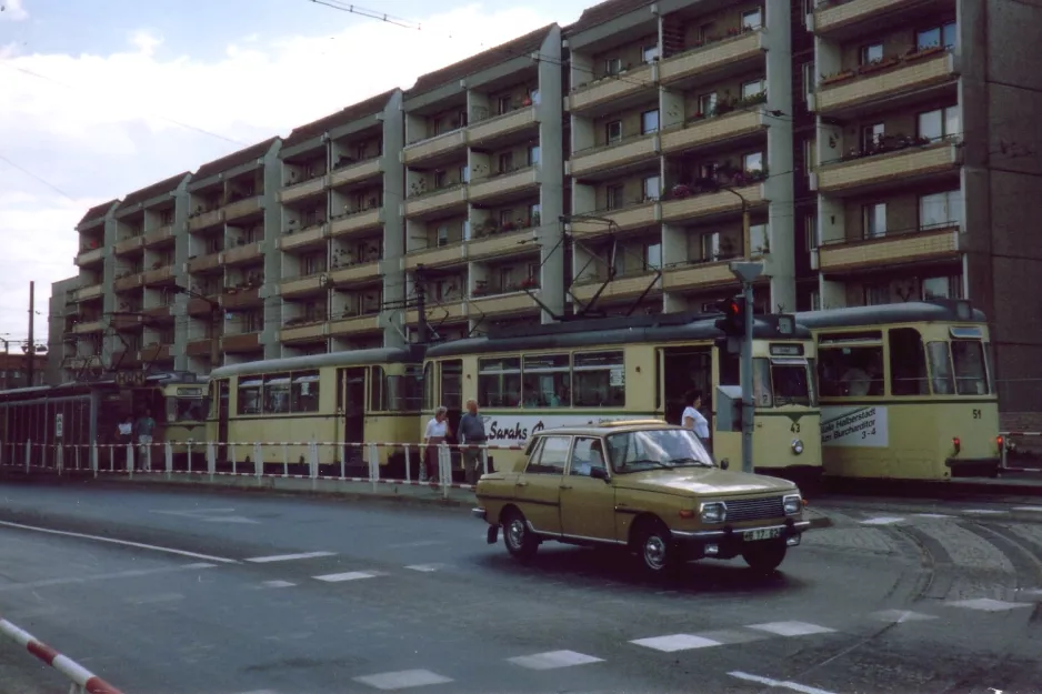 Halberstadt tram line 2 with railcar 43 at Haltestelle Holzmarkt (1990)