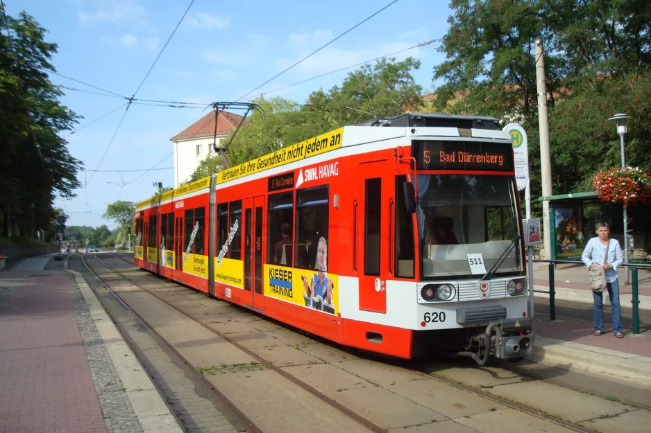 Halle (Saale) regional line 5 with low-floor articulated tram 620 at Merseburg/Zentrum (2014)