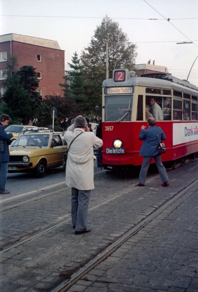 Hamburg tram line 2 with railcar 3657 on Lokstedter Steindamm (1978)