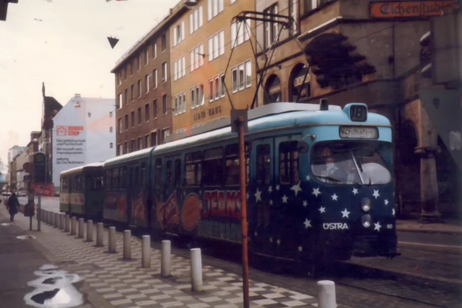 Hannover special event line E with articulated tram 503 near Hauptbahnhof (1986)