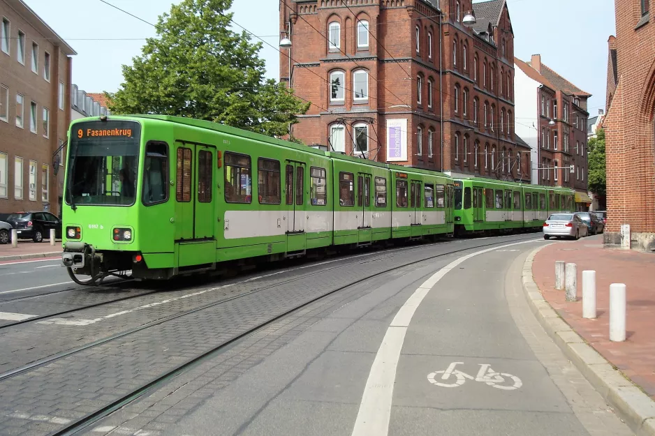 Hannover tram line 9 with articulated tram 6147 at Lindener Marktplatz (2016)