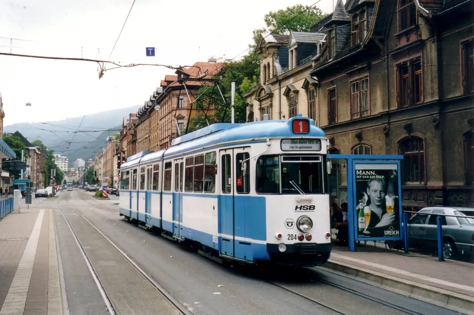 Heidelberg extra line 21 with articulated tram 204 at Betriebshof Bergheim (2003)