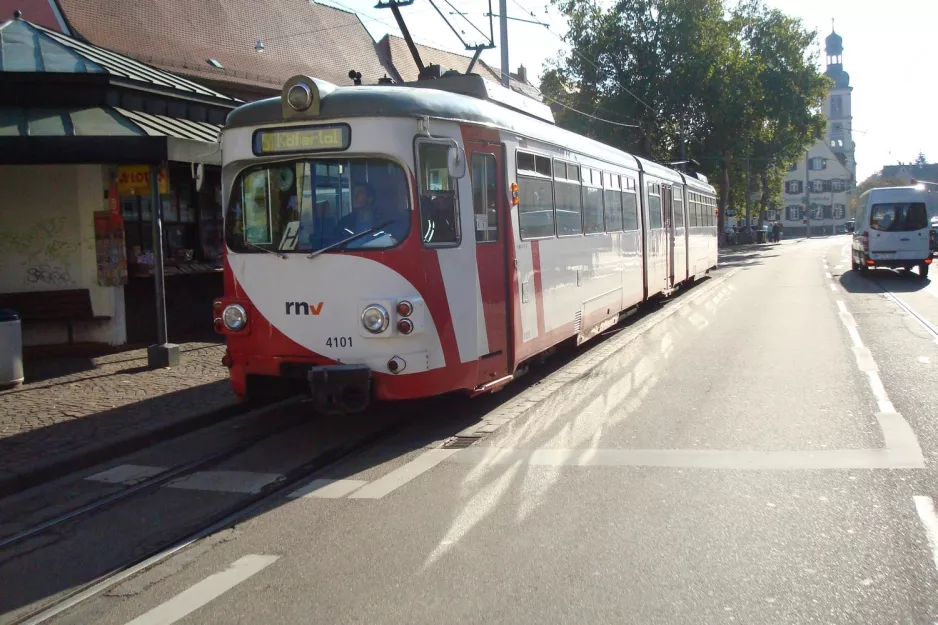 Heidelberg regional line 5 with articulated tram 4101 at Seckenheim Rathaus (2009)