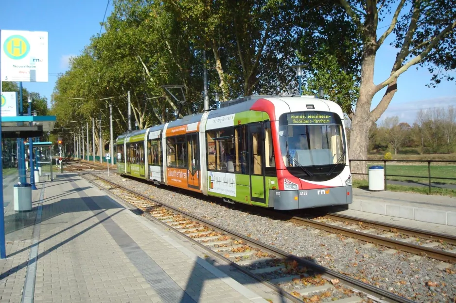 Heidelberg regional line 5 with low-floor articulated tram 4127 at Neuostheim Mannheim (2009)