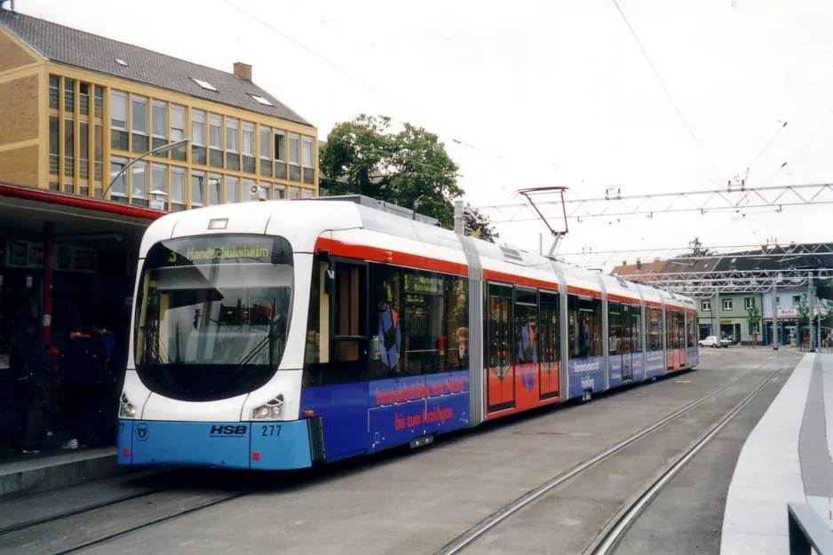 Heidelberg tram line 23 with low-floor articulated tram 277 at Schriesheim Bahnhof (2003)