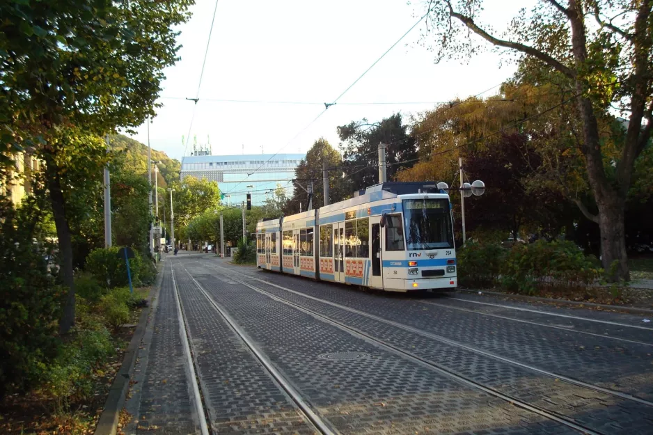 Heidelberg tram line 26 with articulated tram 264 "Cambridge" at Bismarckplatz (2009)