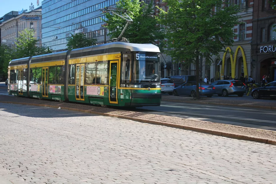 Helsinki extra line 5 with low-floor articulated tram 443 on Mannerheimvägen/Mannerheiminte (2019)