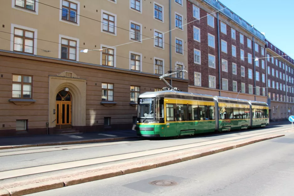 Helsinki tram line 2 with low-floor articulated tram 437 at Hanken/Arkadiankatu (2018)