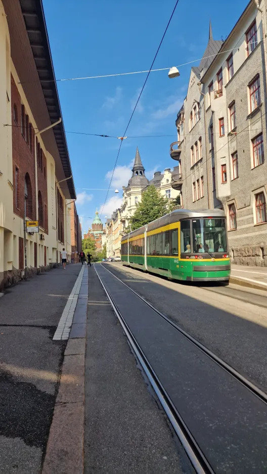 Helsinki tram line 4 with low-floor articulated tram 410 on Kauppiaankatu / Köpmansgatan (2024)