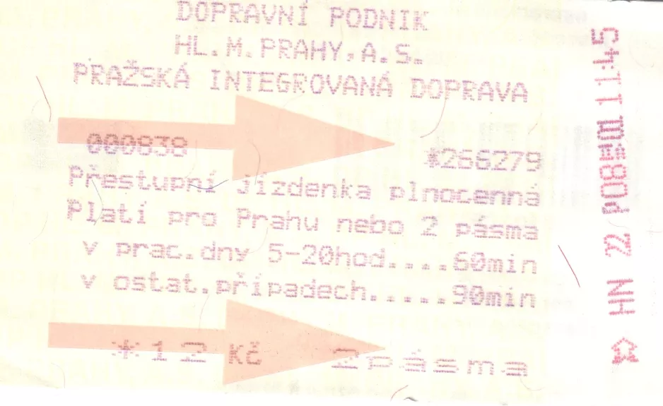 Hour ticket for Dopravní podnik hlavního města Prahy (DPP), the front (2001)