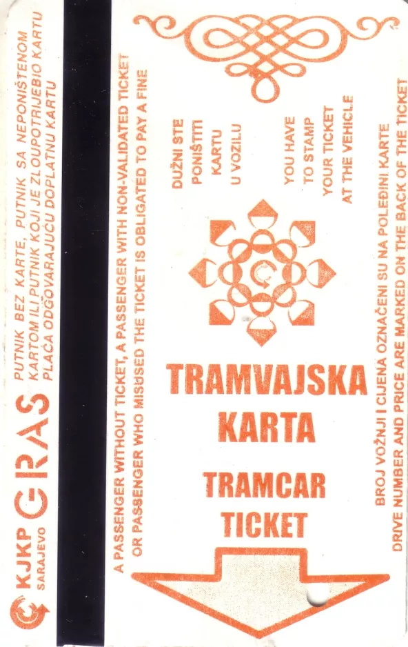 Hour ticket for JKP GRAS Sarajevo, the front (2009)