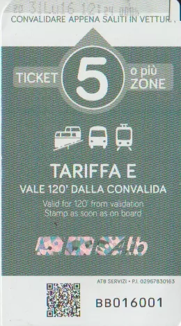 Hour ticket for Tramvie Elettriche Bergamasche (TEB), the front (2016)