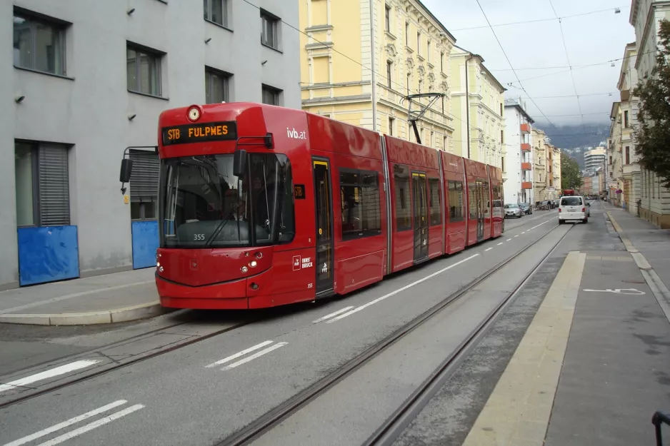 Innsbruck Stubaitalbahn (STB) with low-floor articulated tram 355 on Westbahnhof (2012)