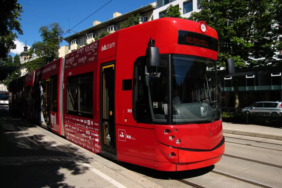 Innsbruck tram line 1 with low-floor articulated tram 305 at Marktplatz (2010)