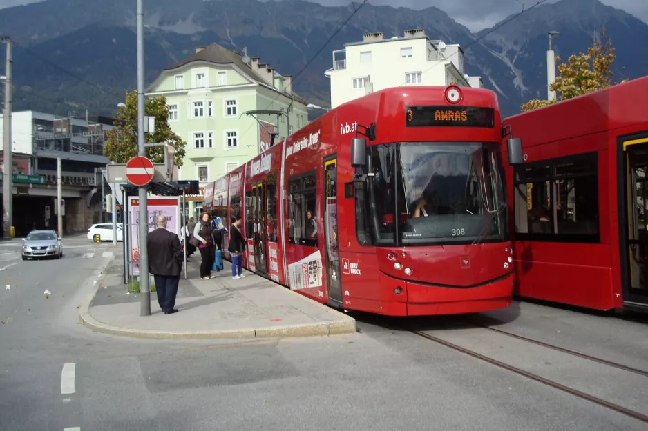 Innsbruck tram line 3 with low-floor articulated tram 308 at Sillpark (2012)
