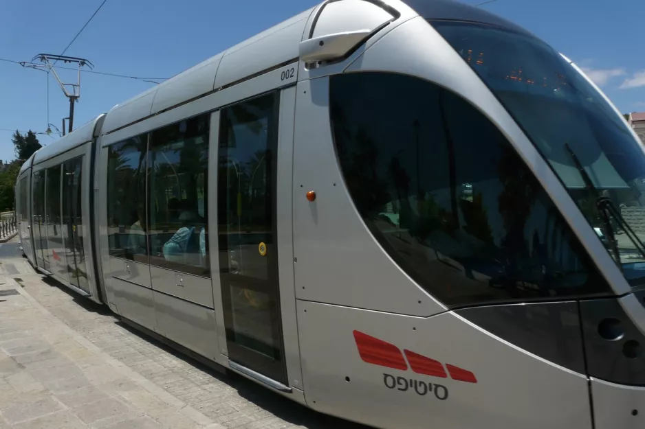 Jerusalem light rail line L1 with light rail car 002 on Damascus Gate (2012)