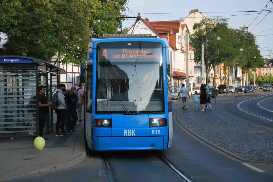 Kassel tram line 4 with low-floor articulated tram 615 at Kirchgasse (2022)
