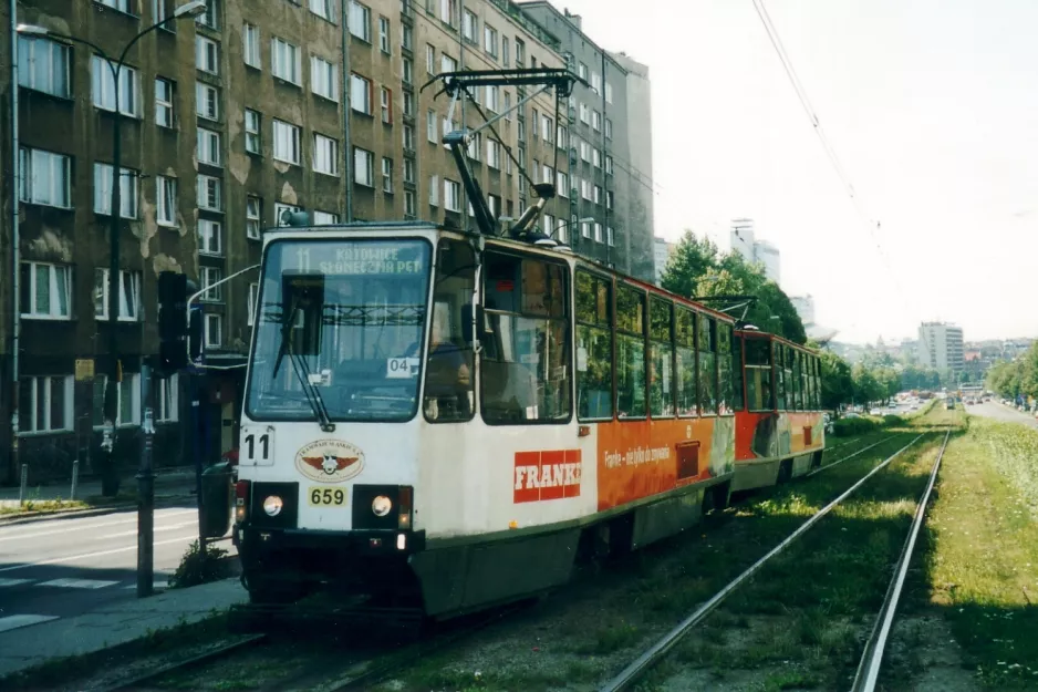 Katowice tram line T11 with railcar 659 on aleja Korfantego (2004)