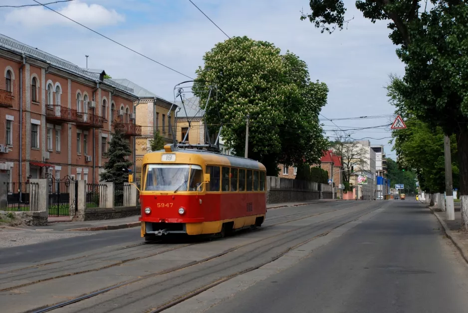 Kiev tram line 19 with railcar 5947 on Kyrylivska Street (2011)