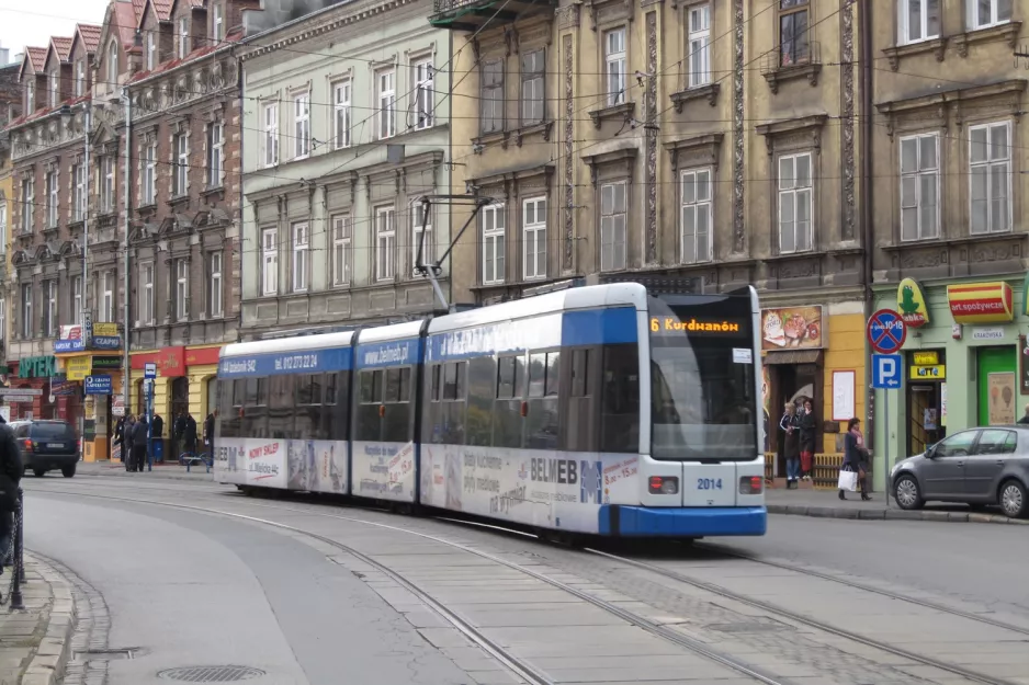 Kraków extra line 6 with low-floor articulated tram 2014 near Plac Wolnica (2011)