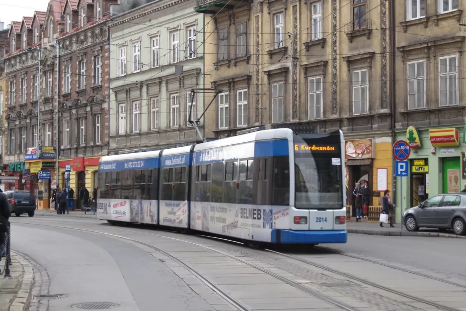 Kraków extra line 6 with low-floor articulated tram 2014 on Krakowska (2011)
