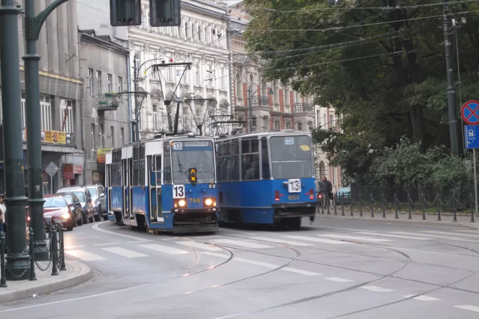 Kraków tram line 13 with railcar 766 on Baszttowa (2011)