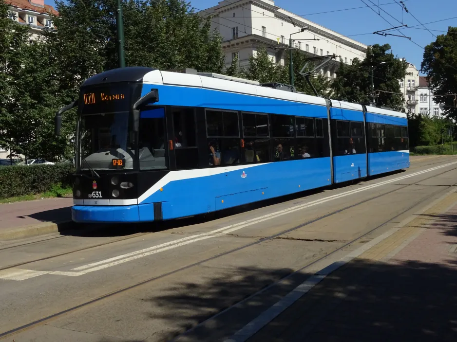 Kraków tram line 17 with low-floor articulated tram RP631 at Starowiślna (2024)