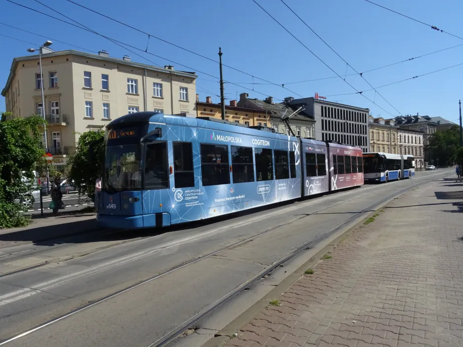 Kraków tram line 17 with low-floor articulated tram RP649 at Hala Targowa (2024)