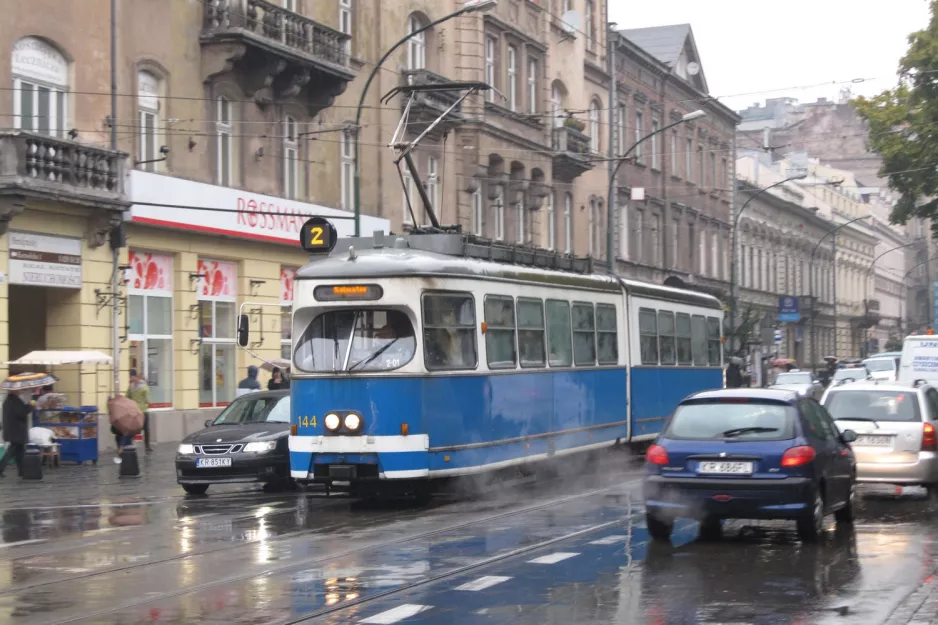 Kraków tram line 2 with articulated tram 144 at Teatr Bagatela (2011)