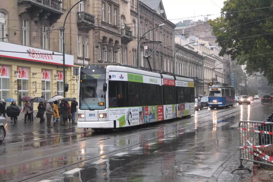 Kraków tram line 3 with low-floor articulated tram 2015 on Juliana Dunajewskiego (2011)