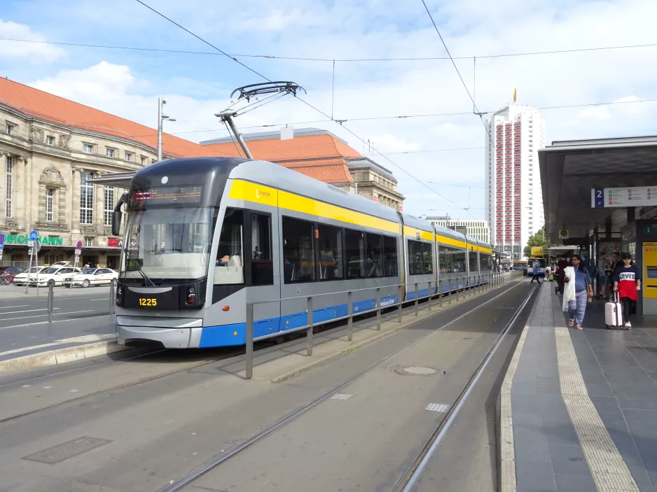 Leipzig tram line 16 with low-floor articulated tram 1225 "Herzliya" at Hauptbahnhof (2019)